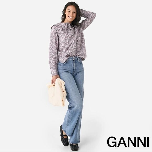 GANNI **NWT** Frost Gray Floral Print Cotton Poplin Double-Collar Shirt - Picture 10 of 16